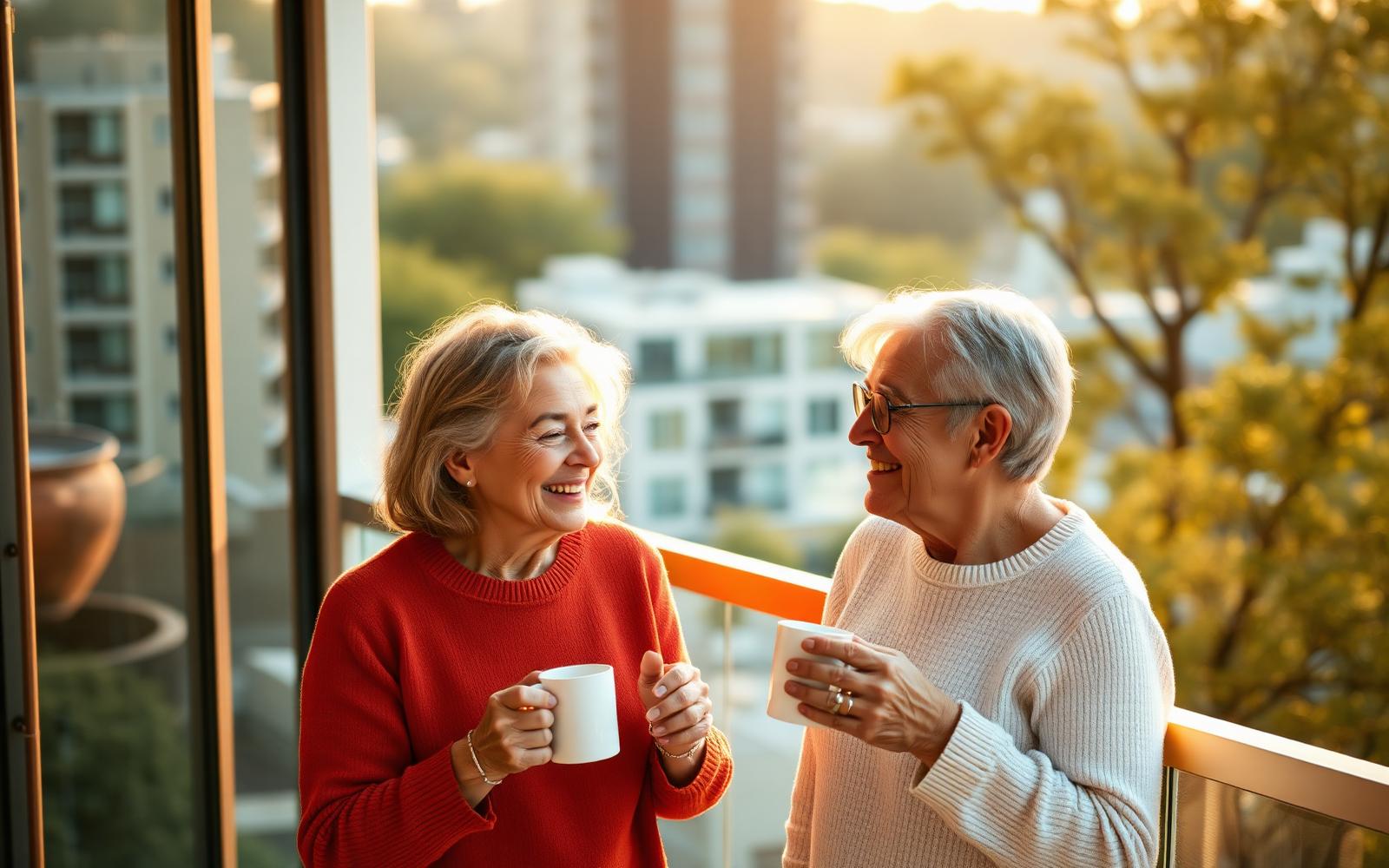 A couple in their sixties enjoying coffee on the balcony of their new condo