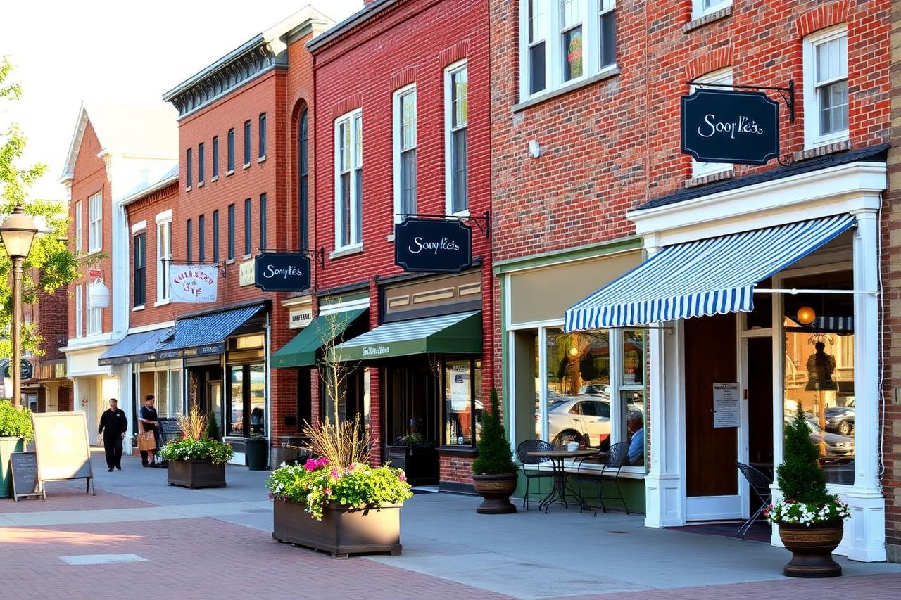 Walkable Main Street shops and cafés in downtown Milton