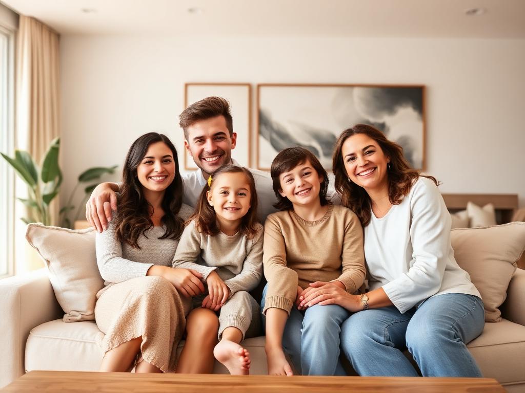 Family of four smiling together on a living room couch