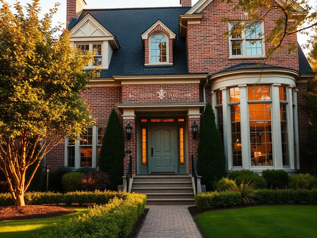 Elegant brick century home with landscaped front garden at golden hour