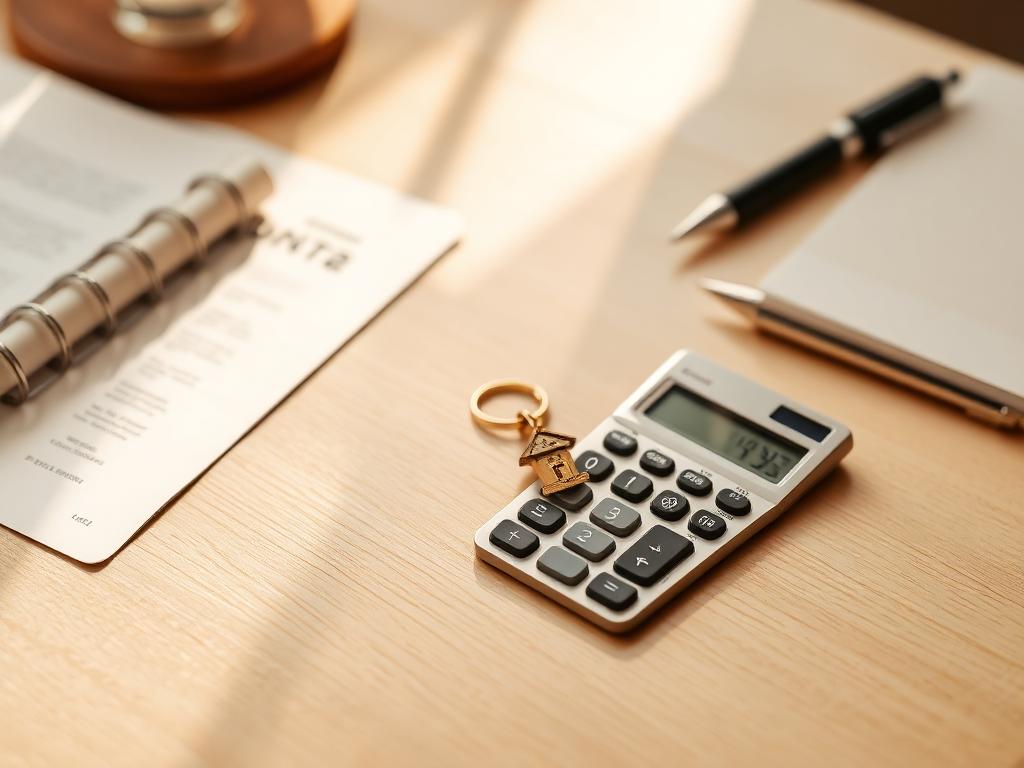 Calculator and small house keychain on a desk beside mortgage paperwork