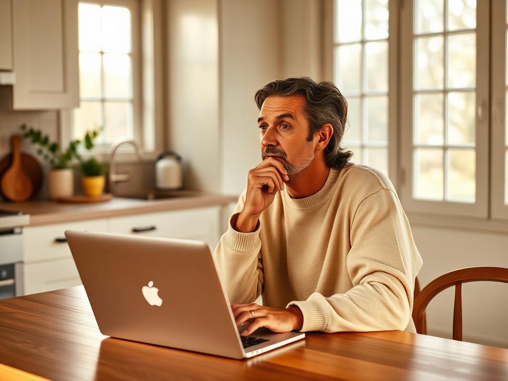 Homeowner considering selling, sitting with a laptop at a kitchen table